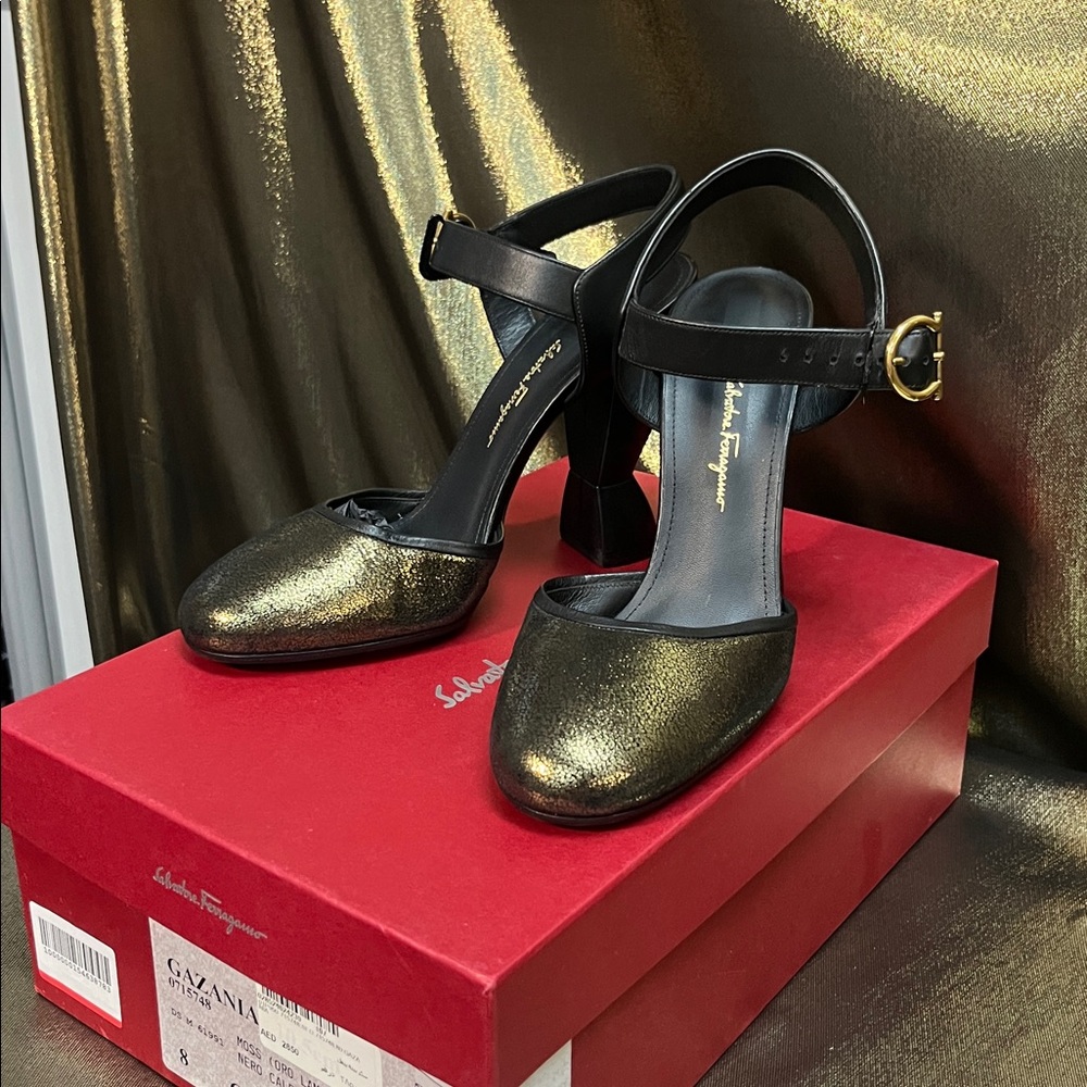Salvatore Ferragamo Black and Gold Metallic Ankle-Strap Heels